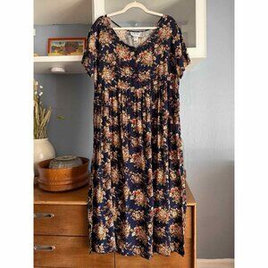 Vtg 90s Rampage Floral Midi Maxi Dress Black Waist Clip Cottage Prairie Grunge